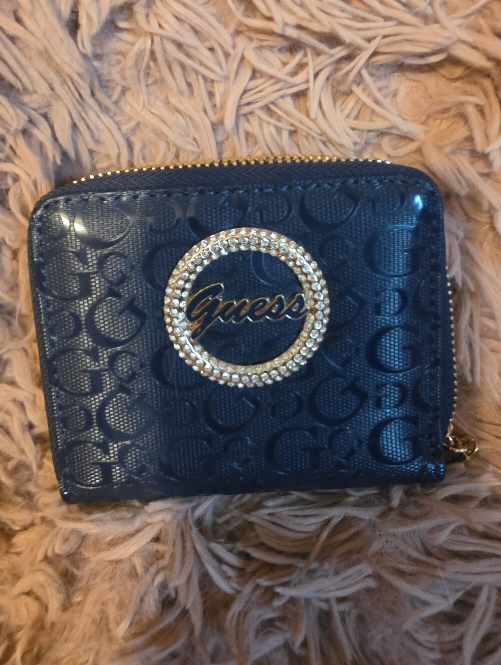 GUESS Navy Patent Logo Compact Wallet with Crystal-Trim Ring
